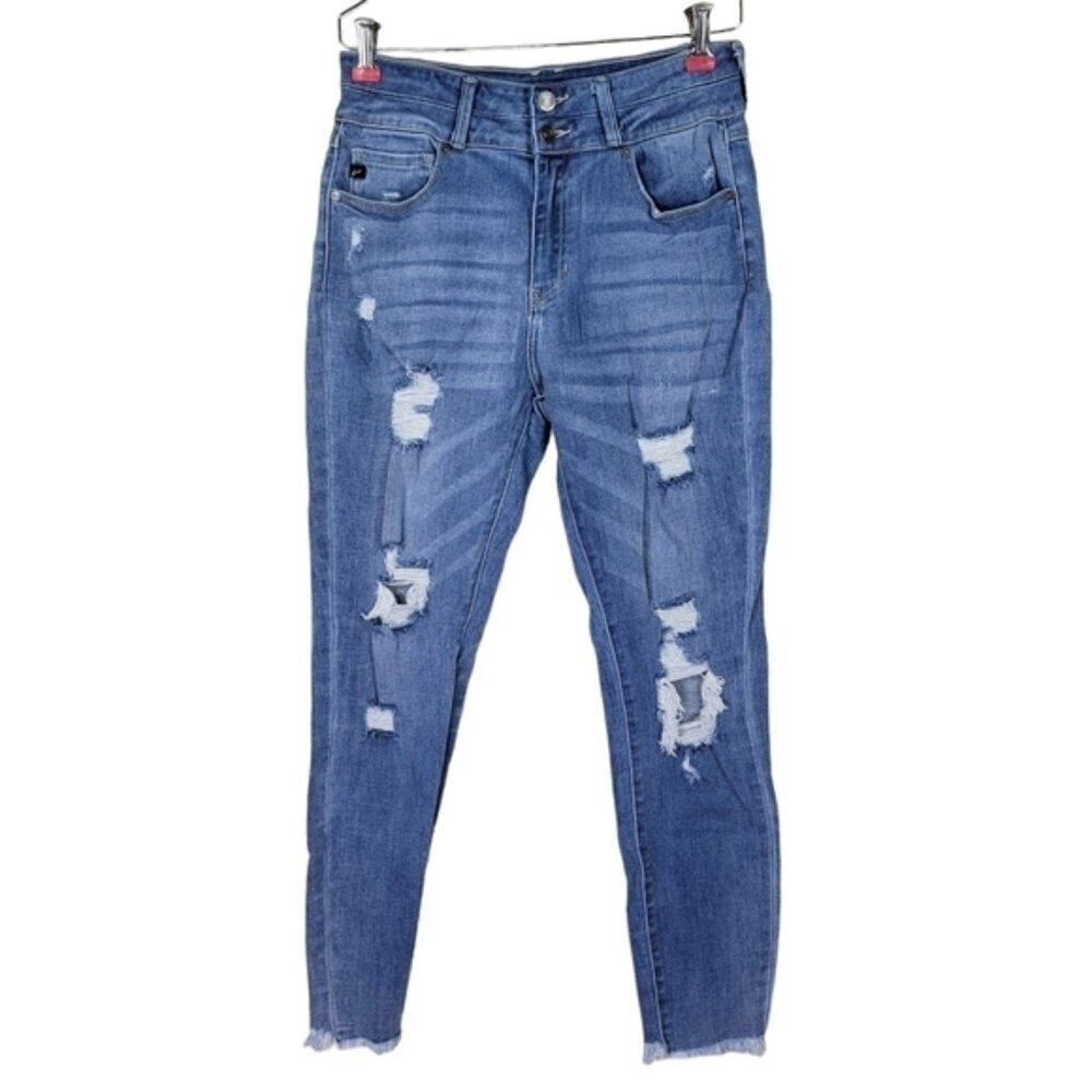 KanCan Maurices Jeans Size 29 28X29 Blue Skinny Distressed Holes Frayed Hem